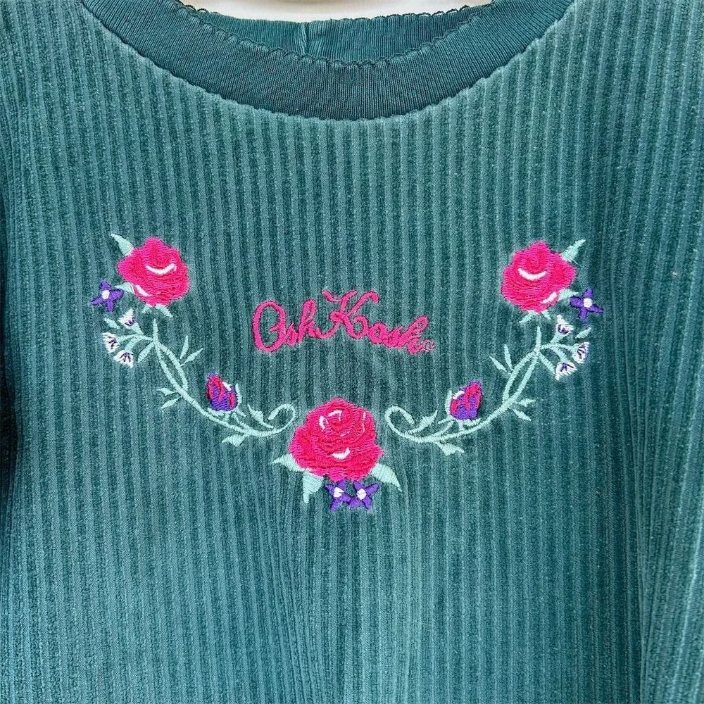 VTG 90s Y2K OshKosh B'gosh 3T Green Corduroy Velour Embroidered Roses USA Made
